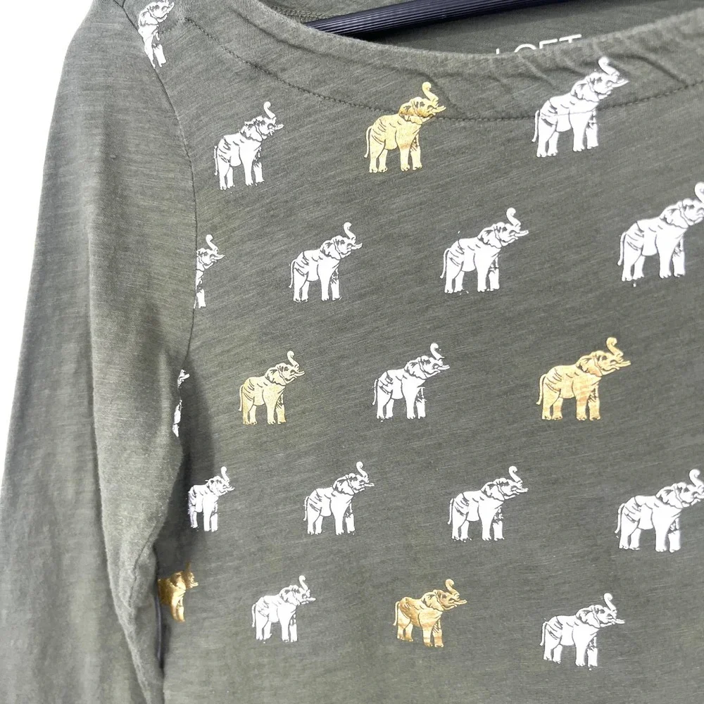 Ann Taylor Loft Green Elephant Size M Medium Blouse Shirt Top 3/4 Sleeve Casual - Picture 2 of 5
